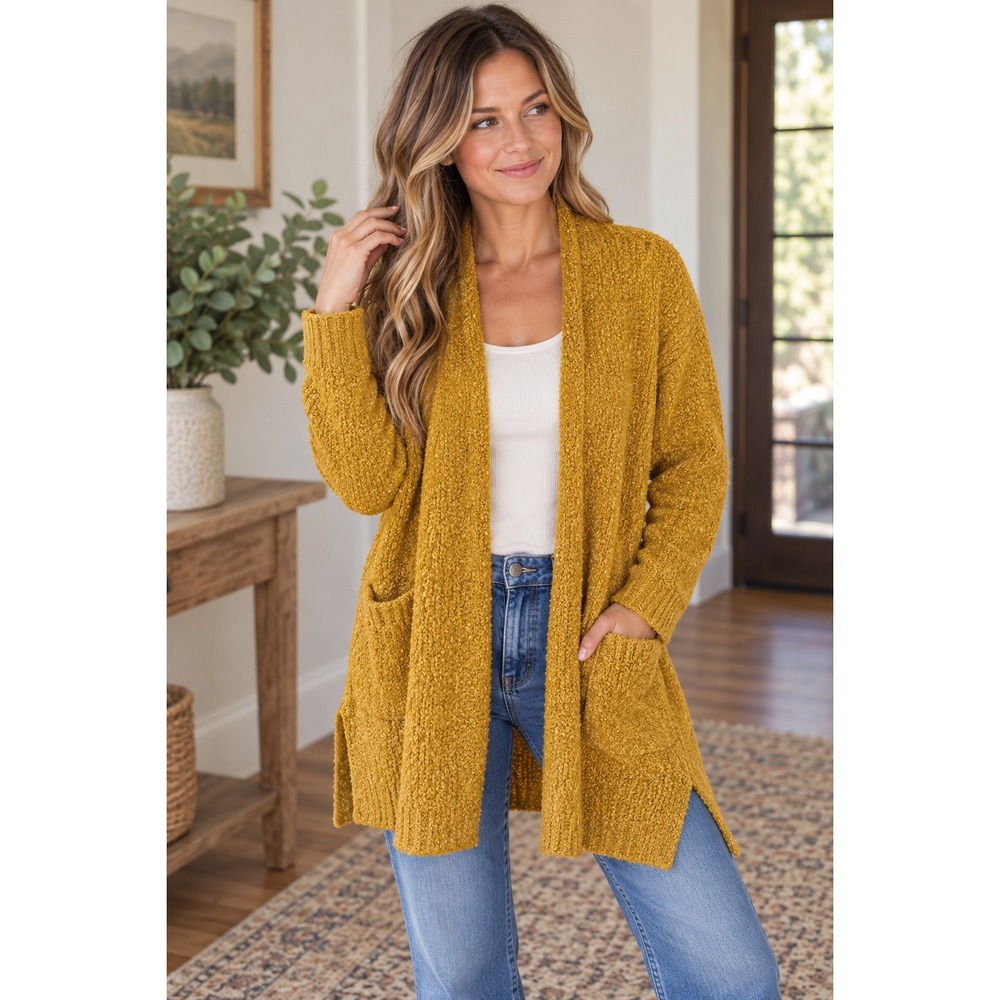 ANGIE Mustard Yellow Textured Knit Cardigan Sweater Open Front M Wool Blend